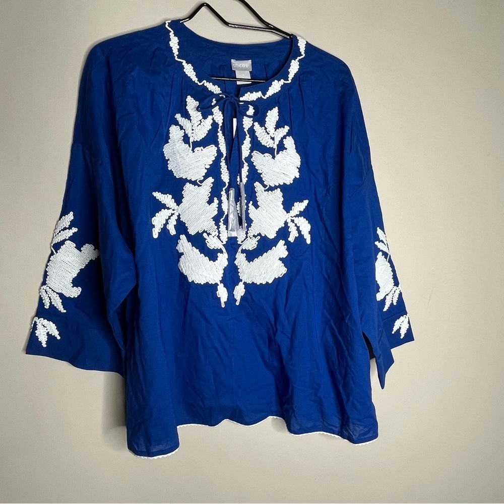 NWT Chico’s Embroidered Belladonna Blue Peasant Top 3/4 Sleeves Size 3 (XL/16)